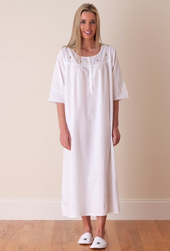 EL306 Bee Nightgown Ladies White Cotton Nightgown Nightie with