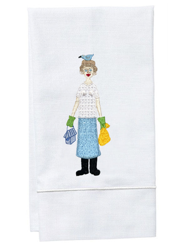 Guest Towel, White Linen, Satin Stitch, Gardening Lady