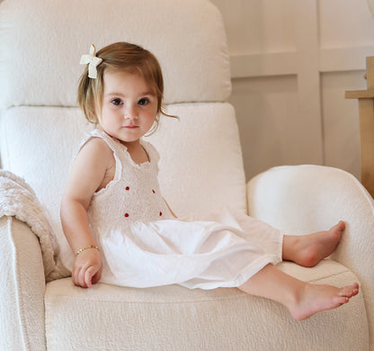 Noa White Cotton Dress, Smocked with Hand Embroidery