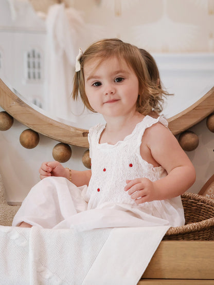 Noa White Cotton Dress, Smocked with Hand Embroidery