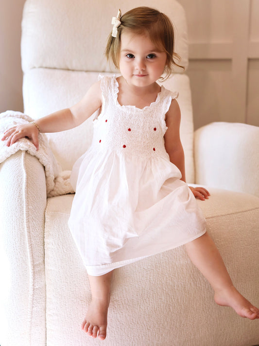 Noa White Cotton Dress, Smocked with Hand Embroidery