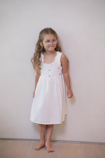 Noa White Cotton Dress, Smocked with Hand Embroidery