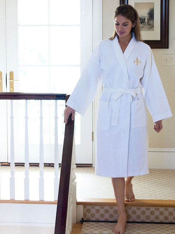 Bathrobe - White Waffle Weave, Embroidered (Fleur de Lis, Beige)