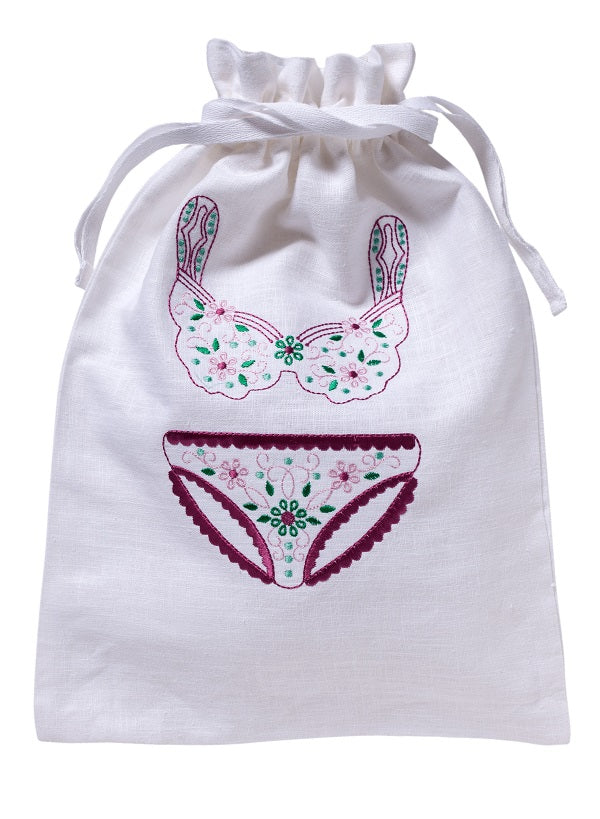 Lingerie Bag White Cotton Linen Drawstring Closure Jacaranda