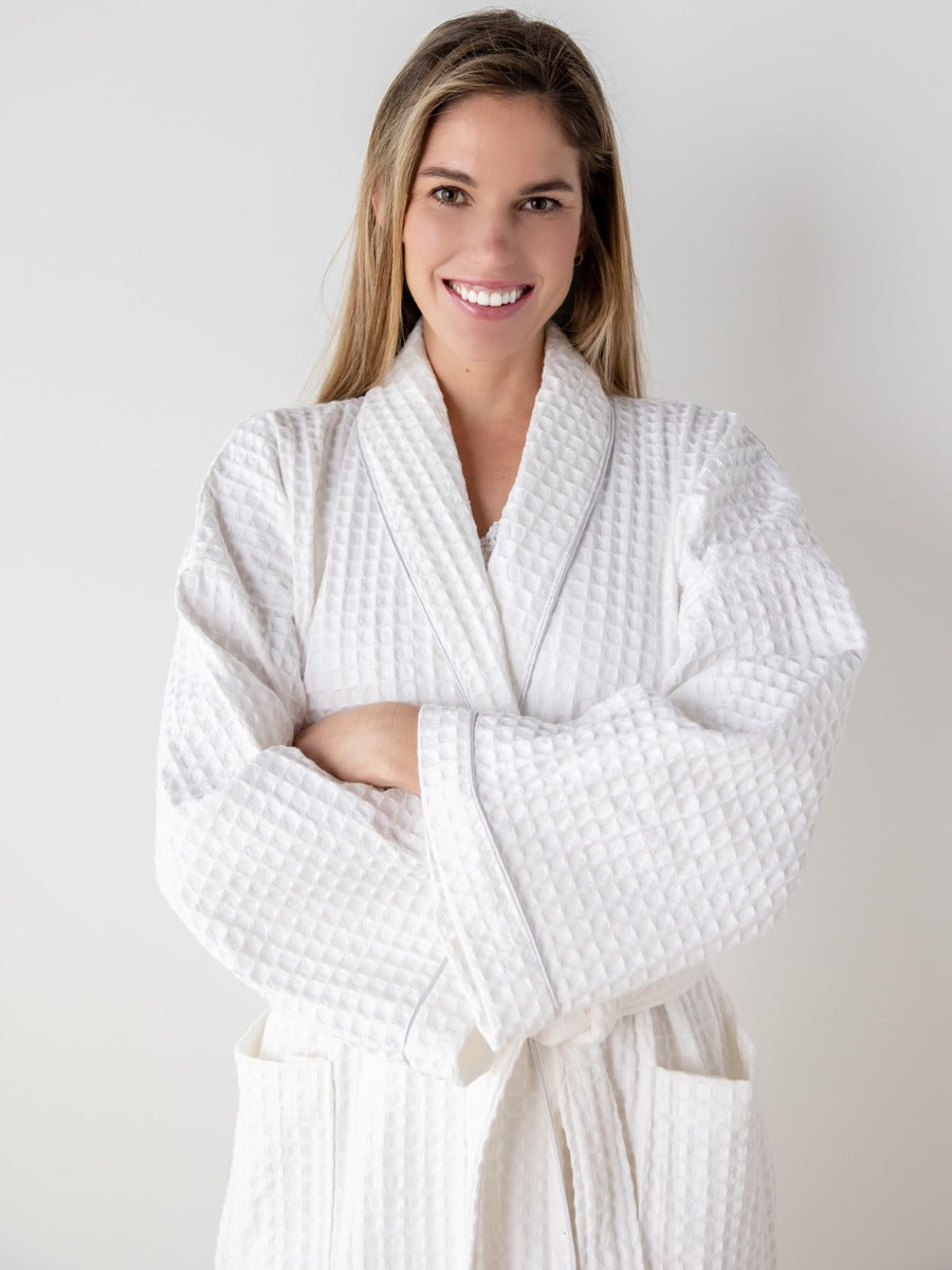 Unisex Bathrobe - White Cotton Waffle Weave Bathrobe by Jacaranda Living